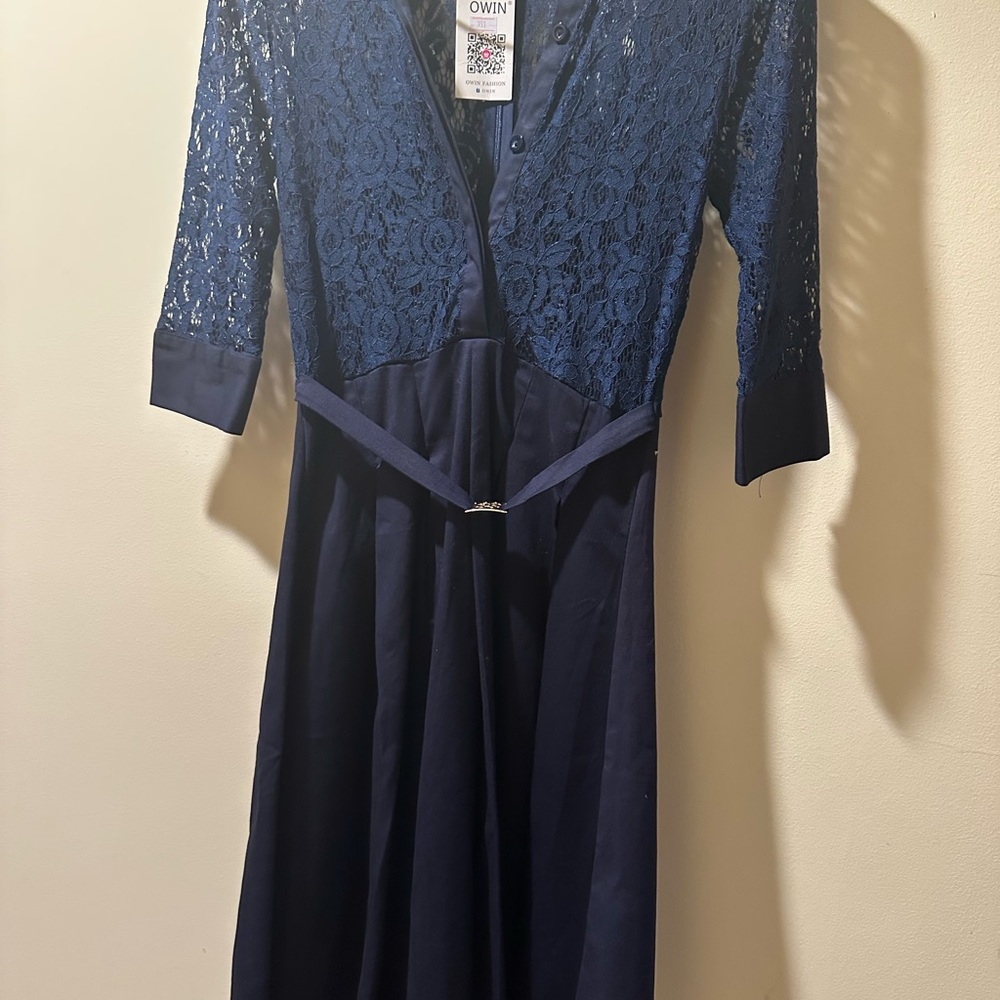 Blue A-Line Wrap Dress with Cuffed Sleeves